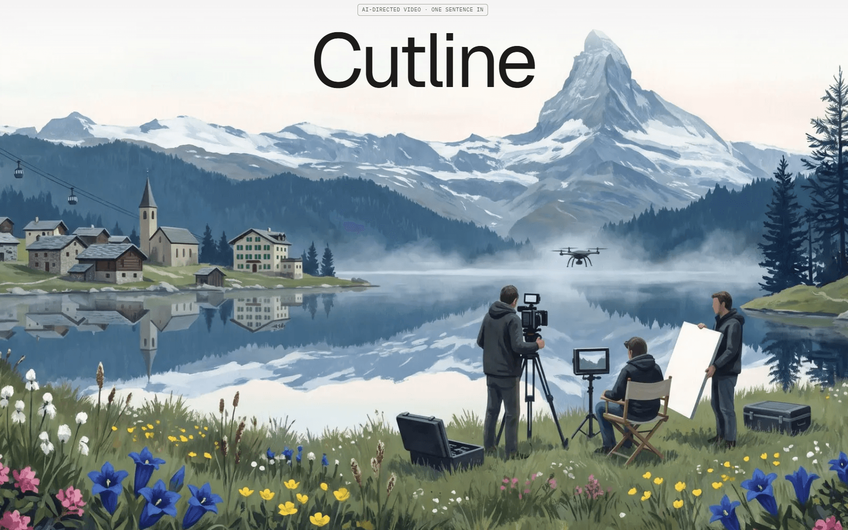 Cutline's name over a painting of a film crew shooting by a mountain lake.