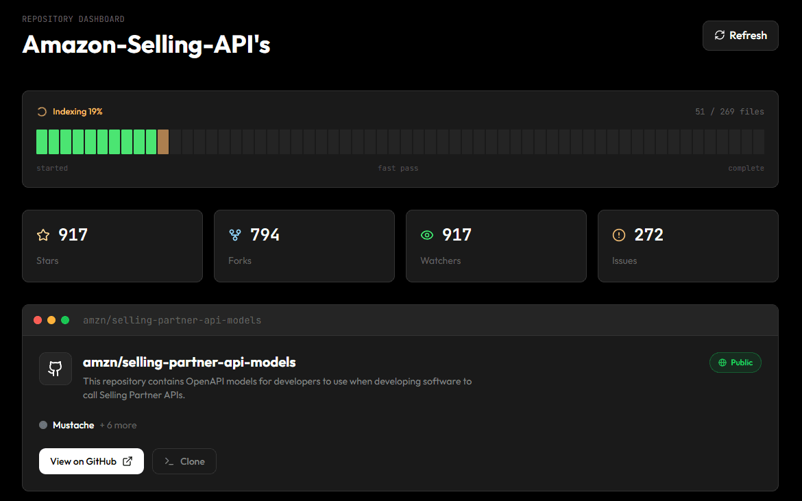 RepoDoc's dashboard for a repository while it is being indexed: the indexing meter part-way, then the repo's stars, forks, watchers, issues and description.