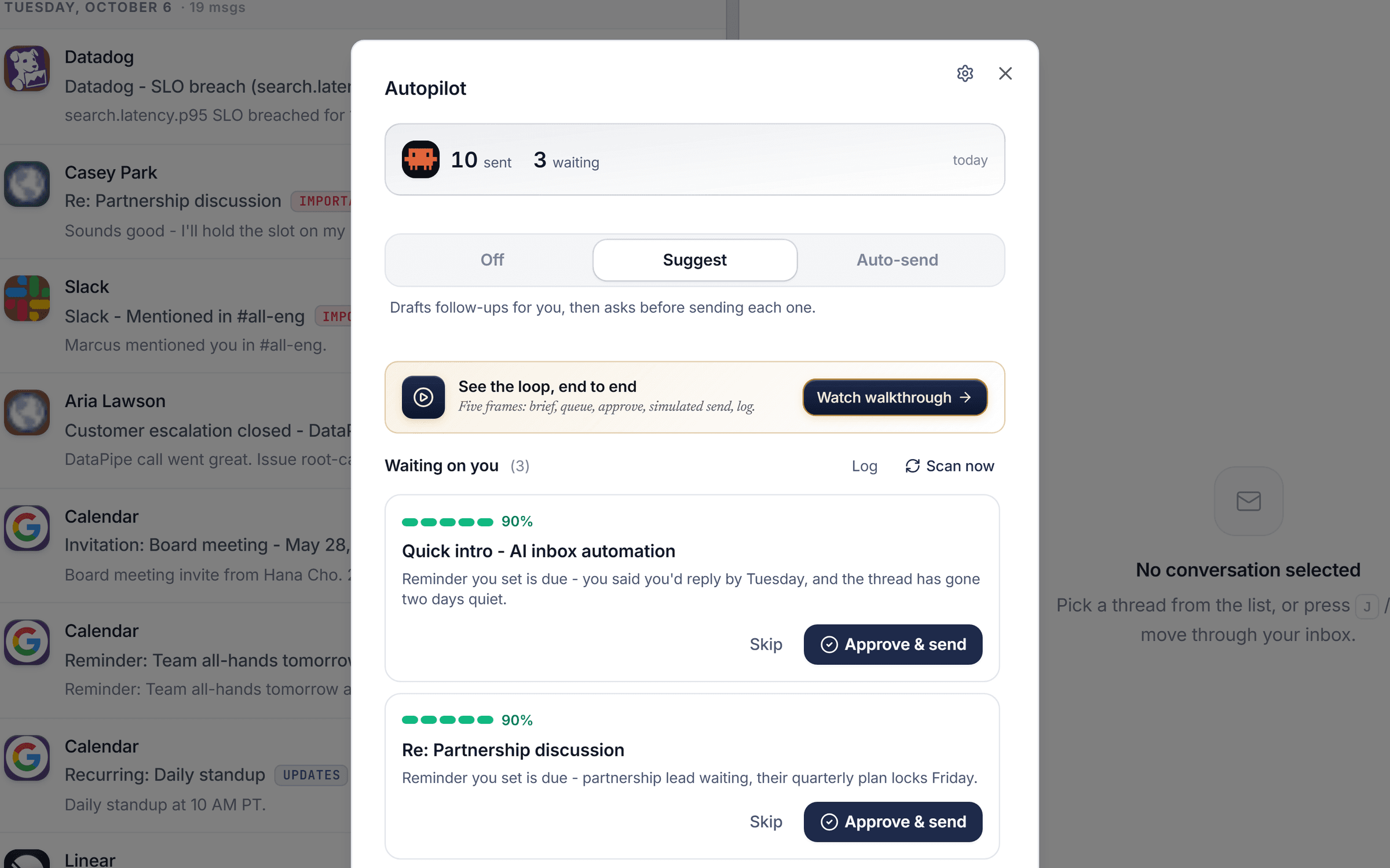 VectorMail's Autopilot panel set to Suggest: follow-ups waiting on you, each with the rule that picked it and an Approve & send button.