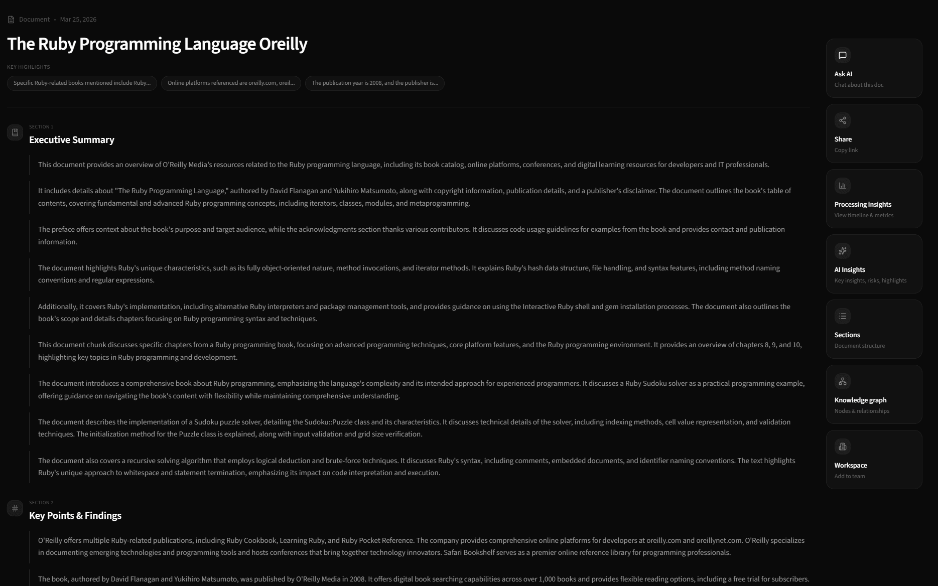 Visura's summary of a document, The Ruby Programming Language: key highlights, then the executive summary section by section, with the document's tools down the right: Ask AI, Processing insights, AI Insights, Sections, Knowledge graph.